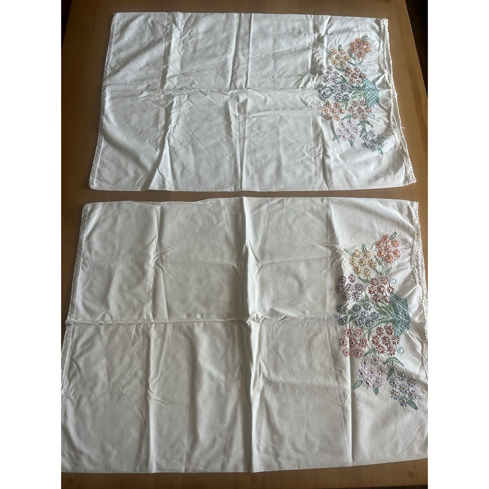 Vintage Embroidered Pillowcases Floral Set Of 2 Linen Cotton Clean Cottagecore